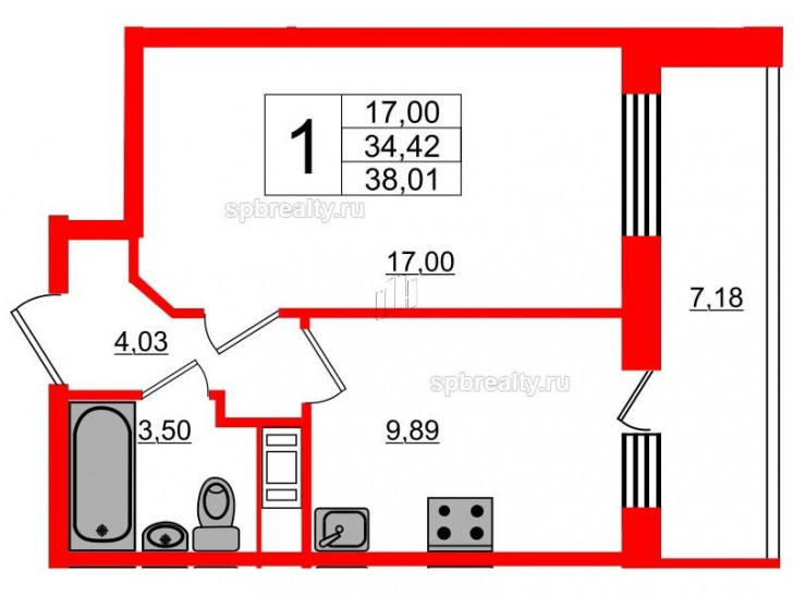 Однокомнатная квартира 39.1 м²