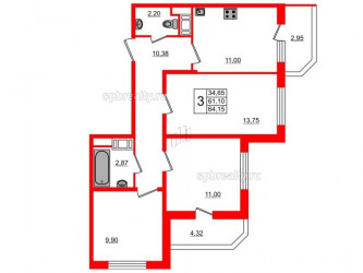 Трёхкомнатная квартира 69.4 м²