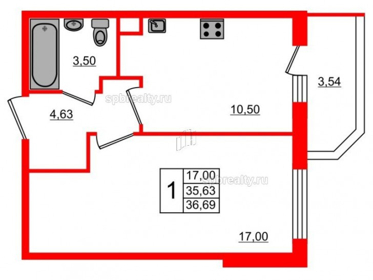 Однокомнатная квартира 38.6 м²