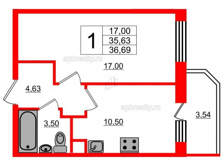 Однокомнатная квартира 38.2 м²