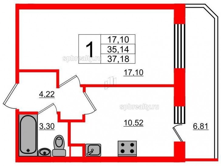 Однокомнатная квартира 38.7 м²