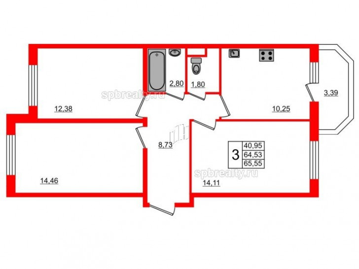 Трёхкомнатная квартира 70.7 м²