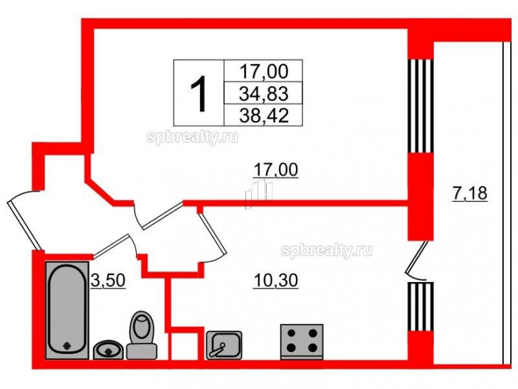 Однокомнатная квартира 39.7 м²