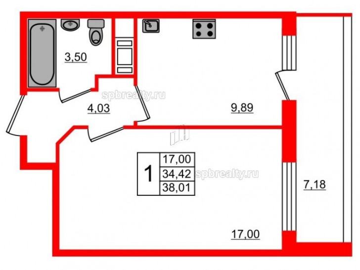 Однокомнатная квартира 39.7 м²