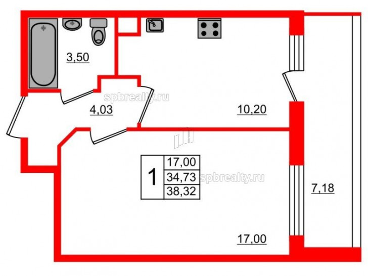 Однокомнатная квартира 40 м²